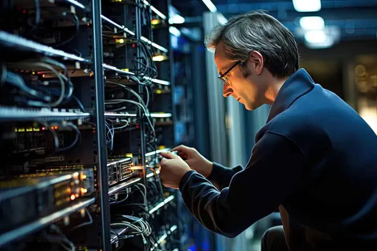 Technicien qualifié assurant la maintenance de l'infrastructure du serveur dans la data center, garantissant un expertise et une sécurité des données optimales.