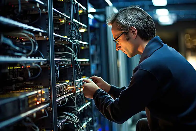 Technicien qualifié assurant la maintenance de l'infrastructure du serveur dans la data center, garantissant un expertise et une sécurité des données optimales.